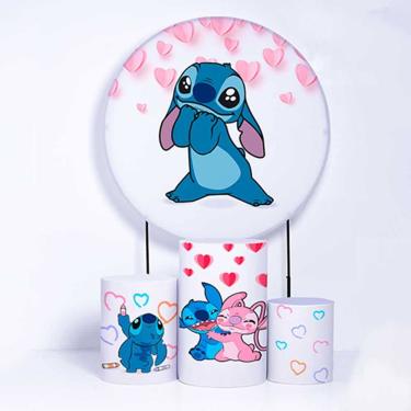 Imagem de Kit Painel de Festa Redondo de 1,80m e Trio de Cilindros Lilo &amp; Stitch - Fera Print