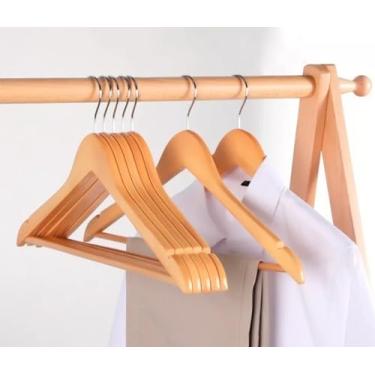 Imagem de Cabides De Madeira Envernizado com Gancho Inox Giratório 44x23 Cm kit 6 unidades