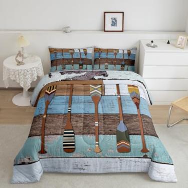 Imagem de Conjunto de edredom infantil com remo de barco, tamanho Queen, cabana de lago, decoração de quarto de meninos e homens, edredom rústico com porta de madeira antiga, edredom retrô de fazenda, 2 fronhas