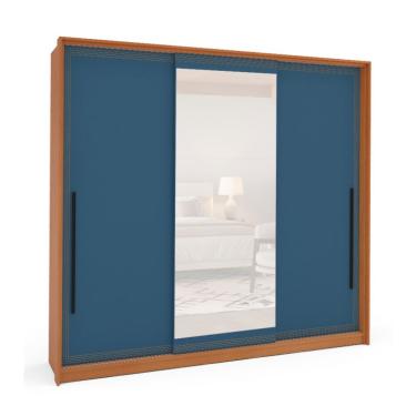 Imagem de Guarda-Roupa Casal com Espelho Valência 3 Portas 4 Gavetas Freijó e Azul