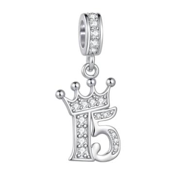 Imagem de MiiFort Tiara com coroa cintilante, pingente de aniversário de 15 anos, serve para pulseiras Pandora Charms Moments para mulheres, aniversário, celebração, miçanga, zircônia cúbica transparente