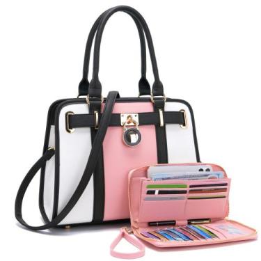 Imagem de Conjunto de bolsas de material sintético Qiyuer branco/rosa para mulhe