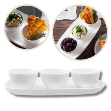 Imagem de Petisqueira Bandeja Retangular 3 Bowls Servir Branco Oxford