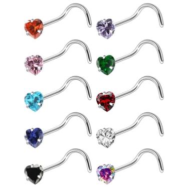 Imagem de Ruifan ASTM F136 Anéis de nariz de titânio 18 G, 20 G, 22 G, cor mista, coração, zircônia cúbica, piercing de nariz, parafuso, em forma de L, hipoalergênico, joia para mulheres 3 mm, 10 peças, 20G