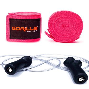 Imagem de Kit Treino  Corda Pular Profissional Tamanho M + Bandagem Fita Muay Thai 3 Metros Gorilla-Unissex