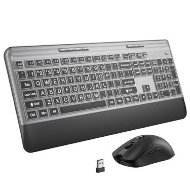 Imagem de KOPJIPPOM Combo silencioso de teclado e mouse sem fio – teclado com capa de impressão grande, teclado ergonômico de tamanho completo de 2,4 GHz com descanso de pulso e mouse para laptop, PC, notebook
