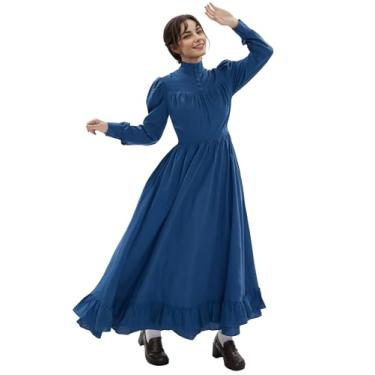 Imagem de miccostumes Vestido medieval renascentista princesa cosplay vestido azul babados decote alto, Azul, X-Large