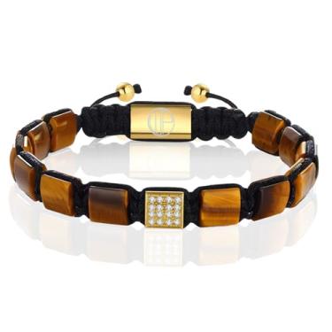 Imagem de WP WEPICK Pulseiras masculinas banhadas a ouro 18 quilates de aço inoxidável feitas à mão, ajustável, banhada a ouro, pedra vulcânica, ônix, vermelho, olho de tigre, contas de elos de corrente, joias