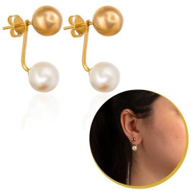 Imagem de Brinco Feminino 2 em 1 Bolinha Dourada E Pérola Presente - Encanto Dou