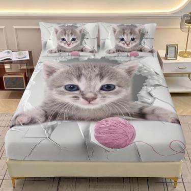 Imagem de AILONEN Jogo de lençol solteiro de gato kawaii 3D, lindo gatinho com bola felpuda para crianças, meninas, 1 lençol com elástico, 2 fronhas, 3 fotos