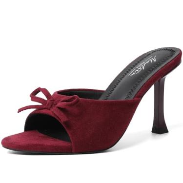 Imagem de Mostrin Sandálias femininas salto gatinho bico redondo com laço vintage mules sexy sem cadarço stiletto frente única para festa diária, Camurça vinho, 36