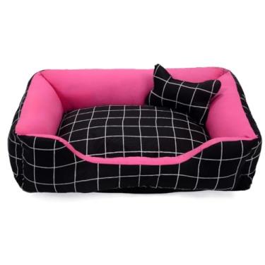 Imagem de Cama Caminha Pet para Cachorro ou Gato Médio 60cm x 47cm Lavável com Fundo Impermeável + Ossinho (Xadrez Pink)
