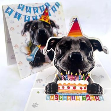 Imagem de Cartão de aniversário para cães American Pit Bull Terrier 3D Pop-Up - Cachorro PitBull Terrier americano fofo com celebração de bolo, saudação peculiar de feliz aniversário para amantes de cães