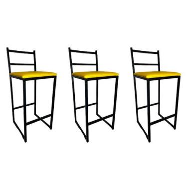Imagem de Kit 3 Banquetas para Balcão Cozinha Alta Lisboa Assento Amarelo - Aqui