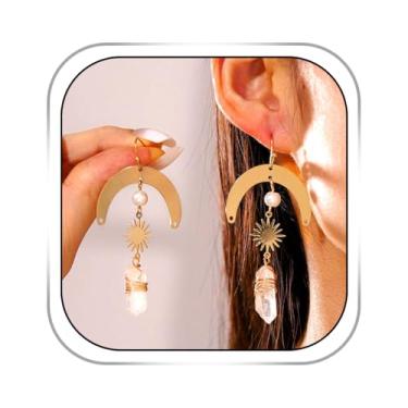 Imagem de Bemous Brincos com pingente de lua e sol, brincos de gota de cristal, brincos de estrela crescente, brincos de pedra vintage para festas de fim de ano, Latão, não