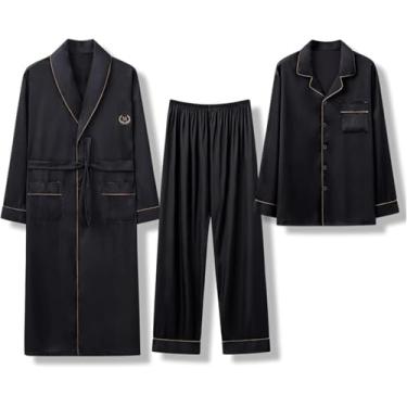 Imagem de Conjunto De Pijamas De Cetim Masculino Ubyer 3 Peças Silk Button-down Pjs Sets Soft Lounge Sets Classic Silk Sleepwear, Nero, L