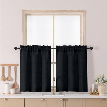 Imagem de Chyhomenyc Cortinas pretas de 76 cm de comprimento, cortinas de janela pequenas texturizadas de linho falso com filtro de luz sobre a pia, cortina curta com bolso de haste de meia janela para armário