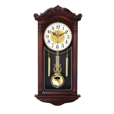 Imagem de Relógio de Parede Clássico Rústico com Pêndulo e Detalhes Dourado, Decorativo Casa, Madeira Verniz, 66 cm x 29 cm, Estilo Vintage, para Sala, Escritório
