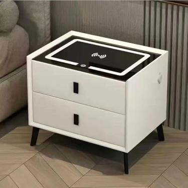 Imagem de Mesa De Cabeceira Inteligente Com 3 Gavetas, Usb, Luz De Três Cores, Porta De Carregamento Sem Fio E Trava De Impressão Digital, Alto-falante Bluetooth Mesa La, White, 2 drawers without lock