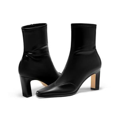 Imagem de Coutgo Bota feminina de cano curto, salto grosso, bico quadrado, GoGo, com zíper lateral, vestido de inverno, Preto, 39