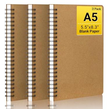 Imagem de Caderno espiral de capa dura, EUSOAR A5, pacote com 3 unidades de 14 x 21 cm, bloco de notas espiral Kraft em branco, bloco de notas com encadernação universitária com papel sem forro 120 páginas/60 folhas