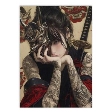 Imagem de Placa Decorativa Anime Garota Samurai Ilustração Tattoo Mascara Decoração Poster Quarto Sala