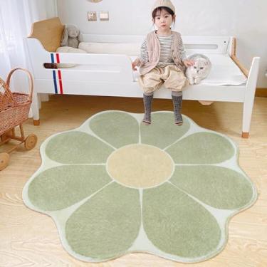 Imagem de Poowe Tapete redondo em forma de flor verde para quarto, sala de estar, tapetes circulares fofos laváveis para quarto de crianças, tapete antiderrapante para entrada - 120 cm redondo