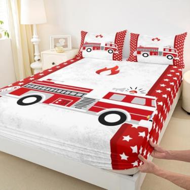 Imagem de Jogo de lençol solteiro solteiro com desenho animado de caminhão de combate a incêndios, veículo de bombeiros, decoração de quarto de meninos e mulheres, lençol com elástico geométrico estrela, lençol