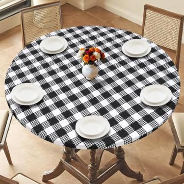 Imagem de LOMOHOO Toalha de mesa redonda com borda elástica para uso externo, impermeável, limpável, redonda, 91,4 a 111,8 cm, preto, branco, xadrez, houndstooth, capa de mesa de vinil ajustada para jantar
