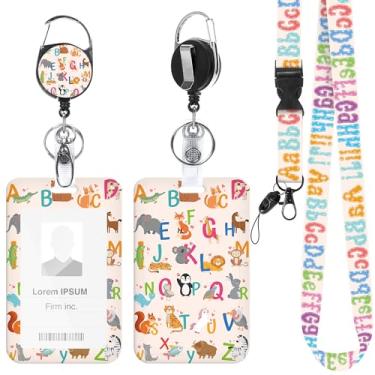 Imagem de Cordão de professor com suporte de crachá de identificação e carretel retrátil, conjunto de suporte de identificação com desenho de alfabeto animal, presente para professores de jardim de infância ou