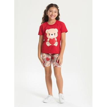 Imagem de Conjunto Verão Menina Vermelho Blusa e Shorts Ciclista Ursinho Coração