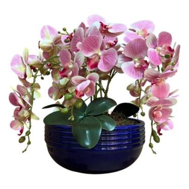 Imagem de Arranjo Orquídeas Rosas Vaso Cerâmica Azul Decorativo - Sanson Brother
