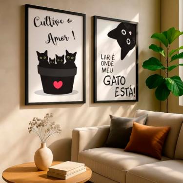 Imagem de Kit 2 Quadros Decorativos Gatos Pretos Frases Divertidas Lar e Amor Pet Felino Preto Branco Com Moldura