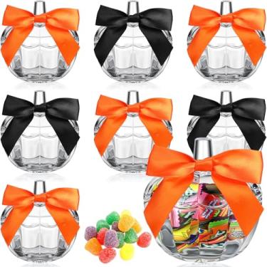 Imagem de Mimorou Conjunto de 4 potes de abóbora de vidro com laço laranja preto para Halloween outono tigela de doces com tampa transparente prato de vidro alvo 170 g joias biscoito caixa de lanche para Ação