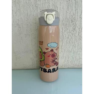 Imagem de Garrafa Térmica Infantil de Aço Inox com Estampa de Capivara com Canudo e Trava de 500ml (Rosa Salmão)