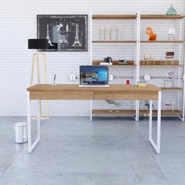 Imagem de Mesa Diretor 150x60x75cm Com 2 Gavetas Kuadra Lâmina Mel Estrutura Branca