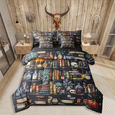 Imagem de Erosebridal Conjunto de edredom retrô de 7 peças, com tema de química científica, para crianças, meninos, meninas, livros de caveira de açúcar e Halloween, conjunto de lençol com edredom