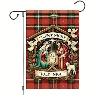 Imagem de Saoplasa Bandeira de jardim de Natal Noite Santa, Noite Santa, Presépio 30,5 x 45,7 cm, faixa dupla face com Mary Joseph Baby Jesus, decoração religiosa de Natal para decoração de gramado e inverno