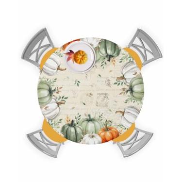 Imagem de Toalha de mesa redonda de outono de Ação de Graças verde sálvia abóbora borda elástica capa de mesa de plástico, à prova d'água à prova de óleo para jantar, ao ar livre, piquenique, mesas de 91 a 111