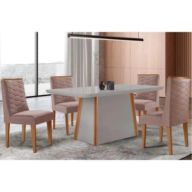 Imagem de Conjunto Sala de Jantar Tilia c/ Tampo Madeirado c/ Vidro Canto Curvo 120x80cm e 4 Cadeiras Dafne Madeira Maciça Naturale/Off White - Capuccino/Linho 