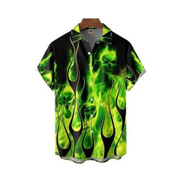 Imagem de Camisa Havaiana Red Flame Masculina Moda Verão 3D Vintage Manga Curta 