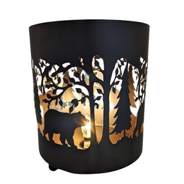Imagem de BestGiftEver Luz noturna rústica de urso e árvore – Canister de mesa de metal com silhueta de floresta para decoração de cabana, chalé e floresta – Pequena luz rústica para casa