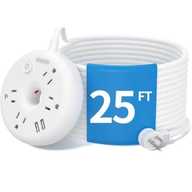 Imagem de Cabo de extensão extra longo de 7,6 m, tira de alimentação de plugue plano NTONPOWER com portas USB, estação de carregamento de mesa de 4 saídas, montagem de parede compacta, disjuntor, escritório em casa, dormitório, garagem, ideal para casa antiga