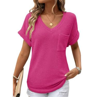 Imagem de Tops Dokotoo Spring com decote em V e camisetas de malha waffle para m