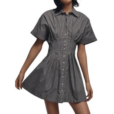 Imagem de Vestido JEIBKOUY de verão de manga curta com botão frontal listrado