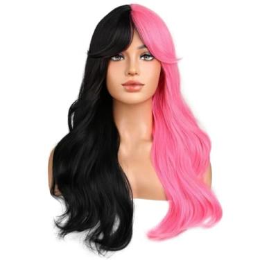 Imagem de BERON Peruca longa ondulada preta e rosa com franja para mulheres, meninas, dois tons, encaracolado, resistente ao calor, perucas de cabelo sintético para cosplay, festa à fantasia ou dia a dia