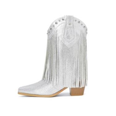 Imagem de AIJIVOU Botas femininas de caubói com franjas de strass, estilo caubói ocidental, bico fino, bloco no joelho, salto médio grosso, sem cadarço, borla, para mulheres e festas, Prata, 37