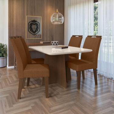 Imagem de Conjunto 120x77cm Tampo Mdf e Vidro com 4 Cadeiras Evora Freijó/Marrom/Off White