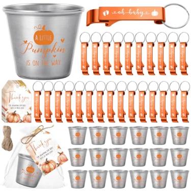 Imagem de Vesici 50 conjuntos de lembrancinhas de chá de bebê para meninas e meninos 42,5 g copos de shot de aço inoxidável fofos abridores de garrafas chaveiros etiquetas de agradecimento sacos de gênero