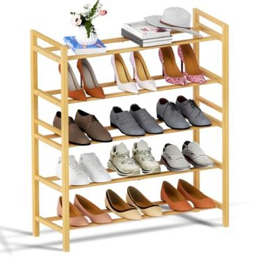 Imagem de Haddockway Sapateira de bambu para armário, organizador de sapatos de pé livre com hastes redondas lisas e alças convenientes, prateleira empilhável de armazenamento de sapatos para entrada, corredor